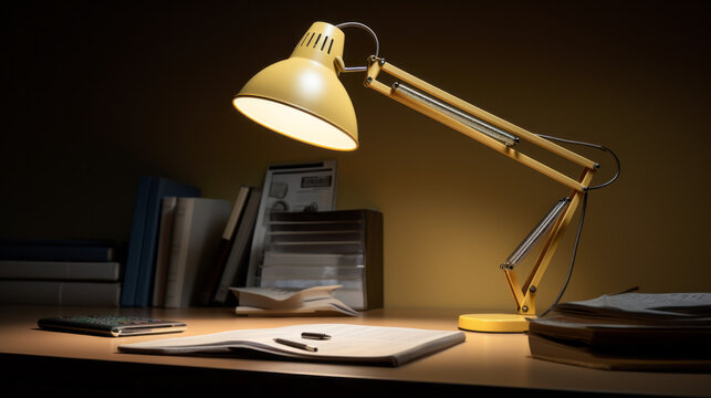 A shot of a desk lamp, with a soft yellow light shining on the papers