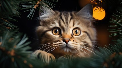 Cute little plush kitten under a green Christmas fir tree with Christmas lights. New year magic mood card