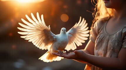 A little girl releases a white dove, pigeon as a symbol of peace, harmony and tranquility in the world