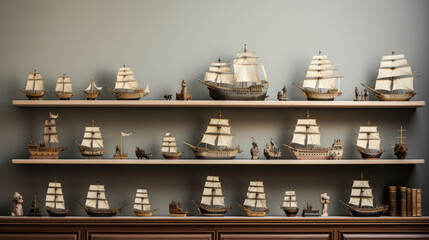 A set of model ships, lined up on a shelf - obrazy, fototapety, plakaty