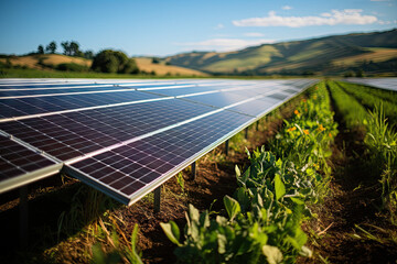 a solar panel in the middle of a green field with mountains in the distance and blue sky above it, on a sunny day