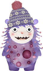 niedliches lilafarbenes Monster mit Winter Mütze