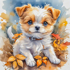Cute little dog cartoon in watercolor painting style.