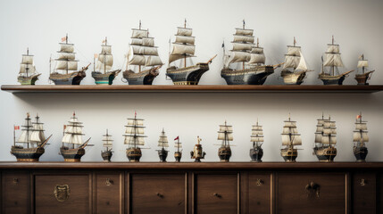 A set of model ships, lined up on a shelf
