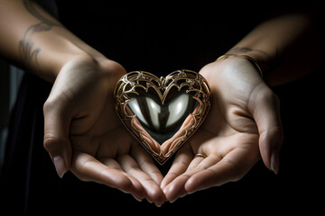 Love, care, family, Valentines Day concept. Woman hands holding artificial stylized metallic heart symbol in her hands. Close-up view
