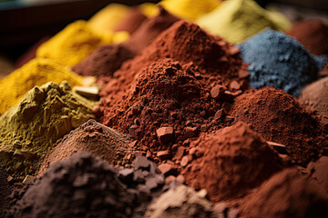 some different colored powders on a black surface, including red, yellow, blue, green, and brown