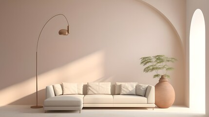 a living room with a big arch and a white couch, in the style of minimalist backgrounds, light beige, realistic portrayal of light and shadow, sun-kissed palettes