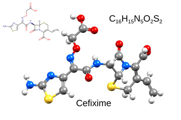 Chemical formula, structural formula and 3D ball-and-stick model of antibiotic cefixime