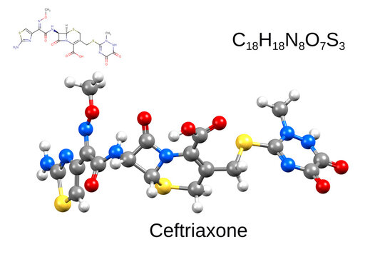 Chemical formula, structural formula and 3D ball-and-stick model of antibiotic ceftriaxone