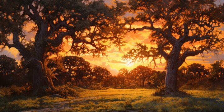 painting of a group of swaying oak trees, sunset, generative AI