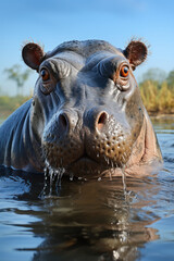Adult hippo in savannah water. Created with Generative AI