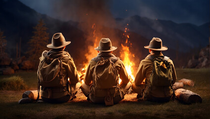 scouts sit by the campfire - obrazy, fototapety, plakaty