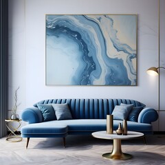  modern style living room in blue with a gold frame, in the style of swirling colors, marble, monochromatic imagery, gemstone, drip painting, muted tones
