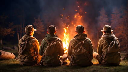 scouts sit by the campfire, generated with ai - obrazy, fototapety, plakaty