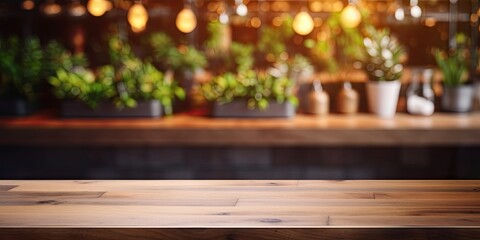 Rustic elegance. Empty wooden tabletop in bright vintage setting. Natural tranquility. Desk with charm and bokeh background. Retro vibes. Perfect blank slate for display