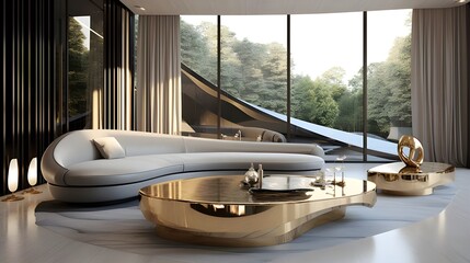 with a white and gold couch, an elegant living room with windows above it, in the style of wavy resin sheets, vray tracing, realistic hyper-detailed rendering, cabincore, organic architecture