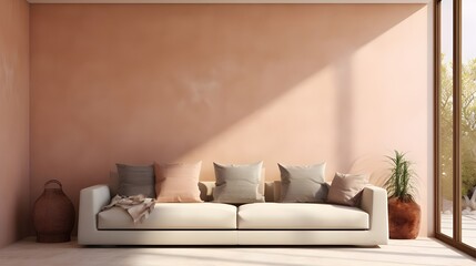 Fototapeta na wymiar modern living room ideas with couch and sofa and window, in the style of light orange and light beige, serene minimalism, mediterranean-inspired, matte background