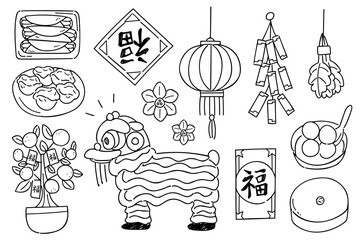 Set of hand-drawn rough line illustrations with a lunar new year theme