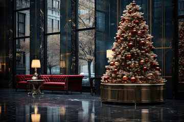 a christmas tree in a room with red couches and gold ornaments on the floor, surrounded by large windows