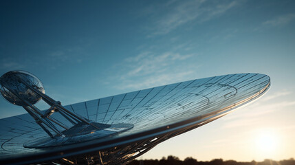 A satellite dish points towards the sky, its curved surface reflecting the light of the sun