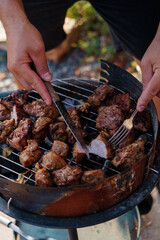 Cooking shashlik on a barbecue.