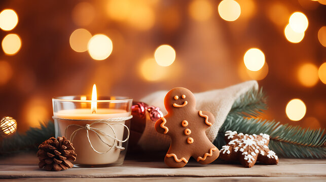 Merry Christmas and Happy Holidays" message displayed with a warm cup of hot drink and cookies, set against the festive lights of a Christmas market 