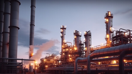 An industrial oil refinery in the oil and gas petrochemical industry, featuring oil and gas storage tanks and steel pipelines, showcasing the key elements of the refinery process
