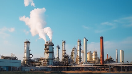 An industrial oil refinery in the oil and gas petrochemical industry, featuring oil and gas storage tanks and steel pipelines, showcasing the key elements of the refinery process