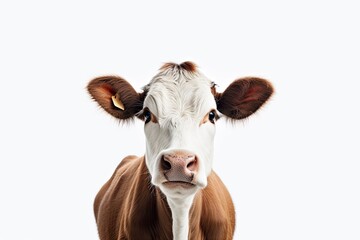 Rural charm. Close up portrait of curious on white background isolatedand dairy cow in meadow. Countryside beauty. Funny and grazing. Majestic bovine gaze. Beautiful dairy in nature