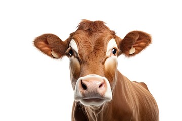 Rural charm. Close up portrait of curious on white background isolatedand dairy cow in meadow. Countryside beauty. Funny and grazing. Majestic bovine gaze. Beautiful dairy in nature