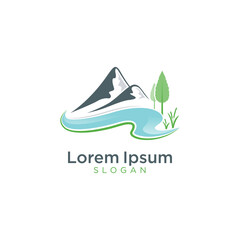 Mountain landscape with river or lake logo design. icon. vector illustration