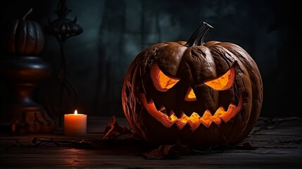 Scary halloween pumpkin on wooden table and dark background