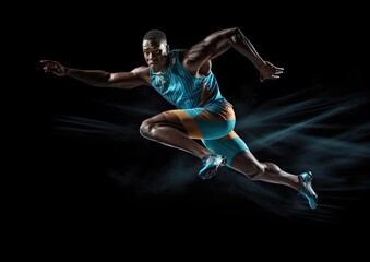 Obraz premium A dynamic shot of an athlete mid-jump, frozen in mid-air. The camera angle is low, capturing the