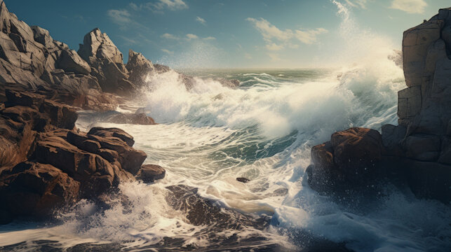 A rugged coastline with waves crashing against the rocks