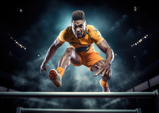 A dynamic shot of an athlete leaping over a hurdle, frozen in mid-air. The camera angle is low,