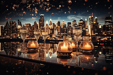 candles and glasses on a table in front of a view of the new york skyline at night, with bo