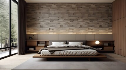 a simple bedroom with wood accent wall, in the style of 8k 3d, realistic chiaroscuro lighting, stone, ceramic, natural materials, dark gray, simple minimalism