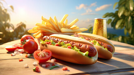 hotdog with sauce, french fries, tomato, and ketchup in outdoor - obrazy, fototapety, plakaty