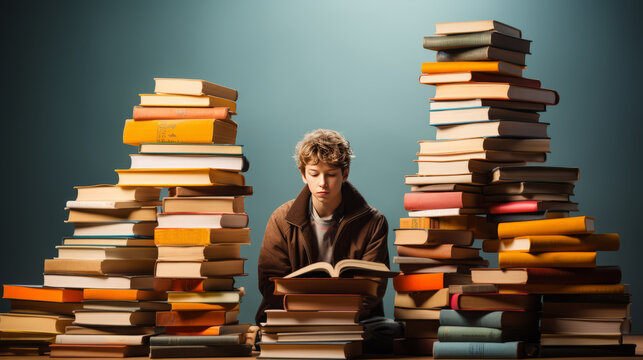 Guy sitting and reading surrounded by stacked books. Made with Generative AI.