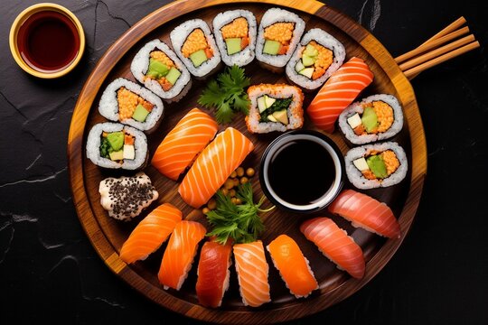 Generative AI : Sushi Set nigiri, rolls, gunkan and sashimi served in traditional Japan black Sushioke round plate