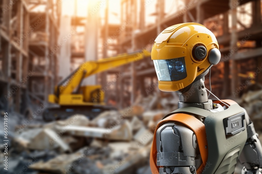 Poster generative ai : engineer robot wearing yellow safety helmet_