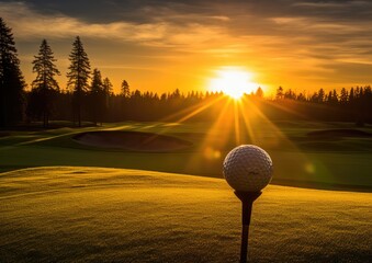 A golfer teeing off at sunrise, with the golden light casting long shadows on the dew-covered