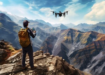 A geologist using a drone to capture an aerial view of a rugged mountain range, showcasing the