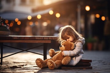 Generative AI : Unhappy and emotional toddler girl with teddy bear outdoors. Misbehaving child on the street. Terrible twos and kid tantrums concept - obrazy, fototapety, plakaty