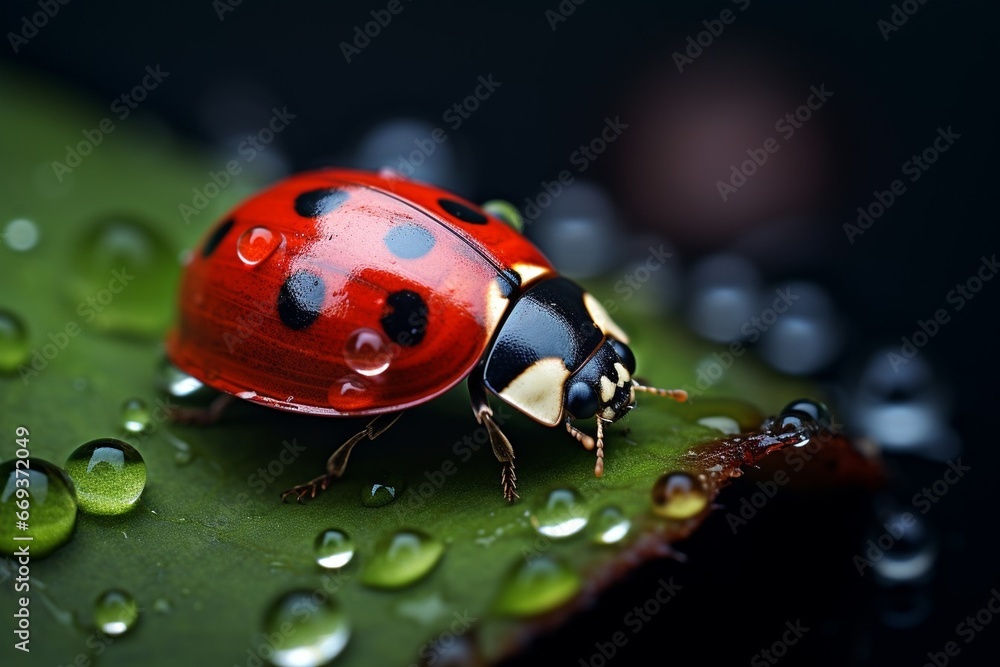Poster generative ai : extreme macro shots, beautiful ladybug on flower leaf defocused background.