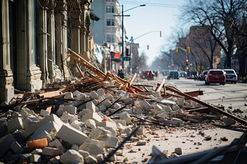 debris on the ground in front of a building that has been demolished to make way for cars and people walking down the street
