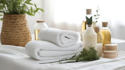 Towels alongside herbal bags and beauty treatment essentials arranged in a serene spa center within...