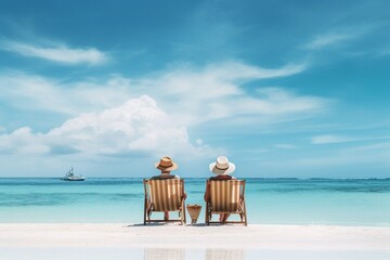 Generative AI : senior couple on the beach, couple sitting on chairs on the beach - obrazy, fototapety, plakaty