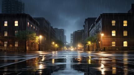 Obraz premium A row of buildings illuminated by the dull glow of street lights, rain pouring down in sheets
