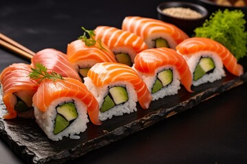 Generative AI : Set of sushi and rolls with a salmon, Japanese food concept.